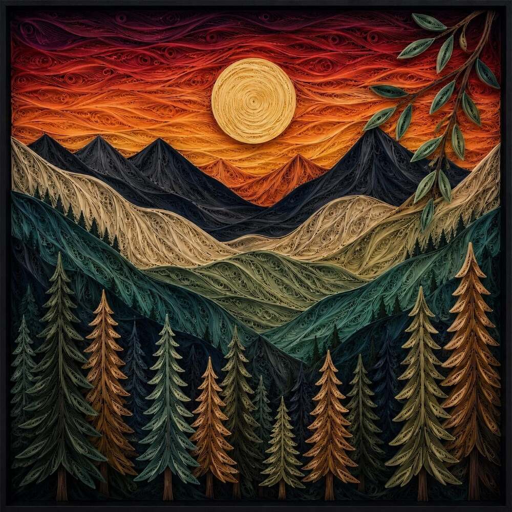 8 X 8 Framed Quilled Mountain Landscape 7 Cc 8